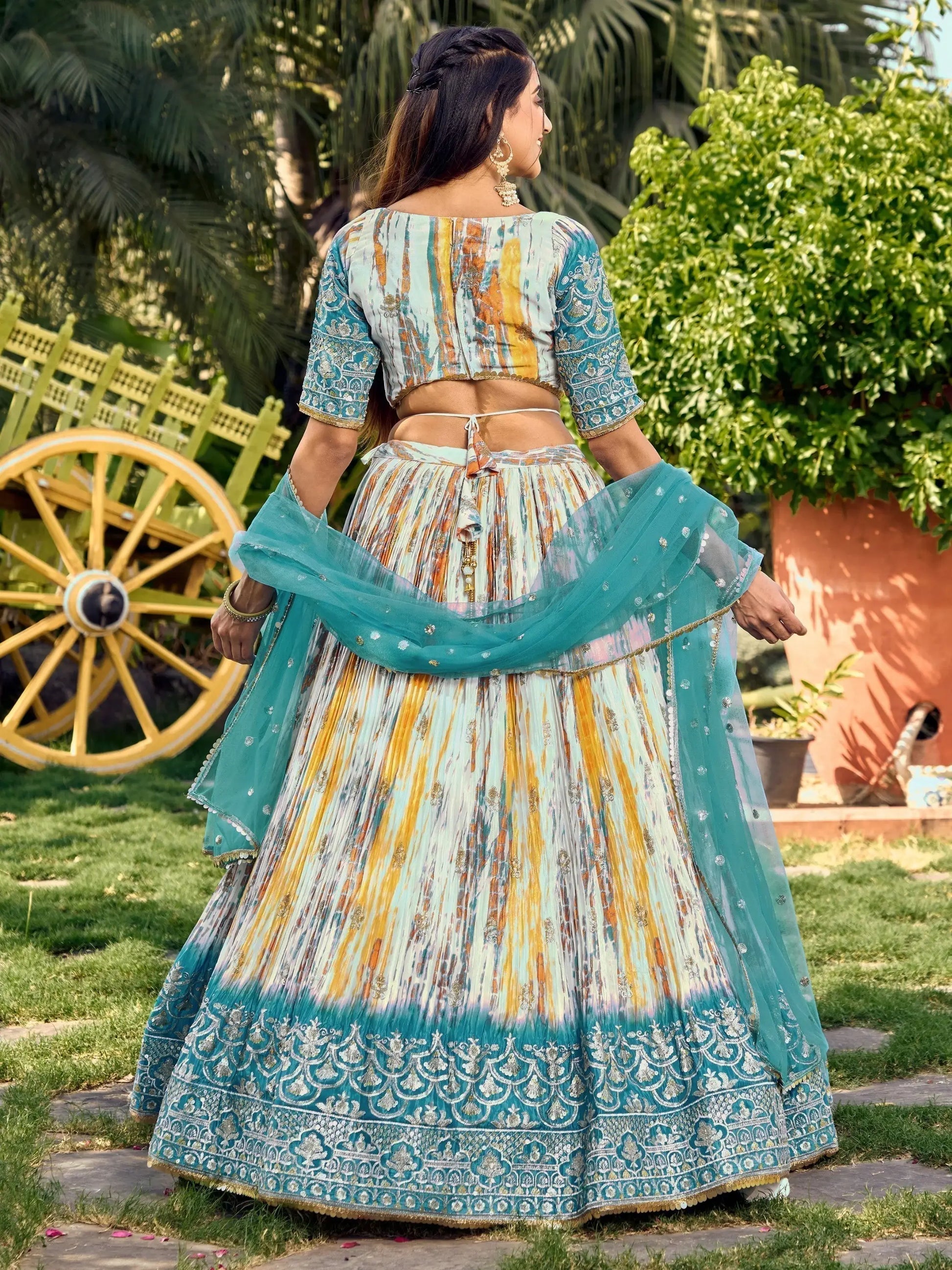 Lovely White & Blue Digital Printed Chinon Sangeet Wear Lehenga Choli - Zeel Clothing