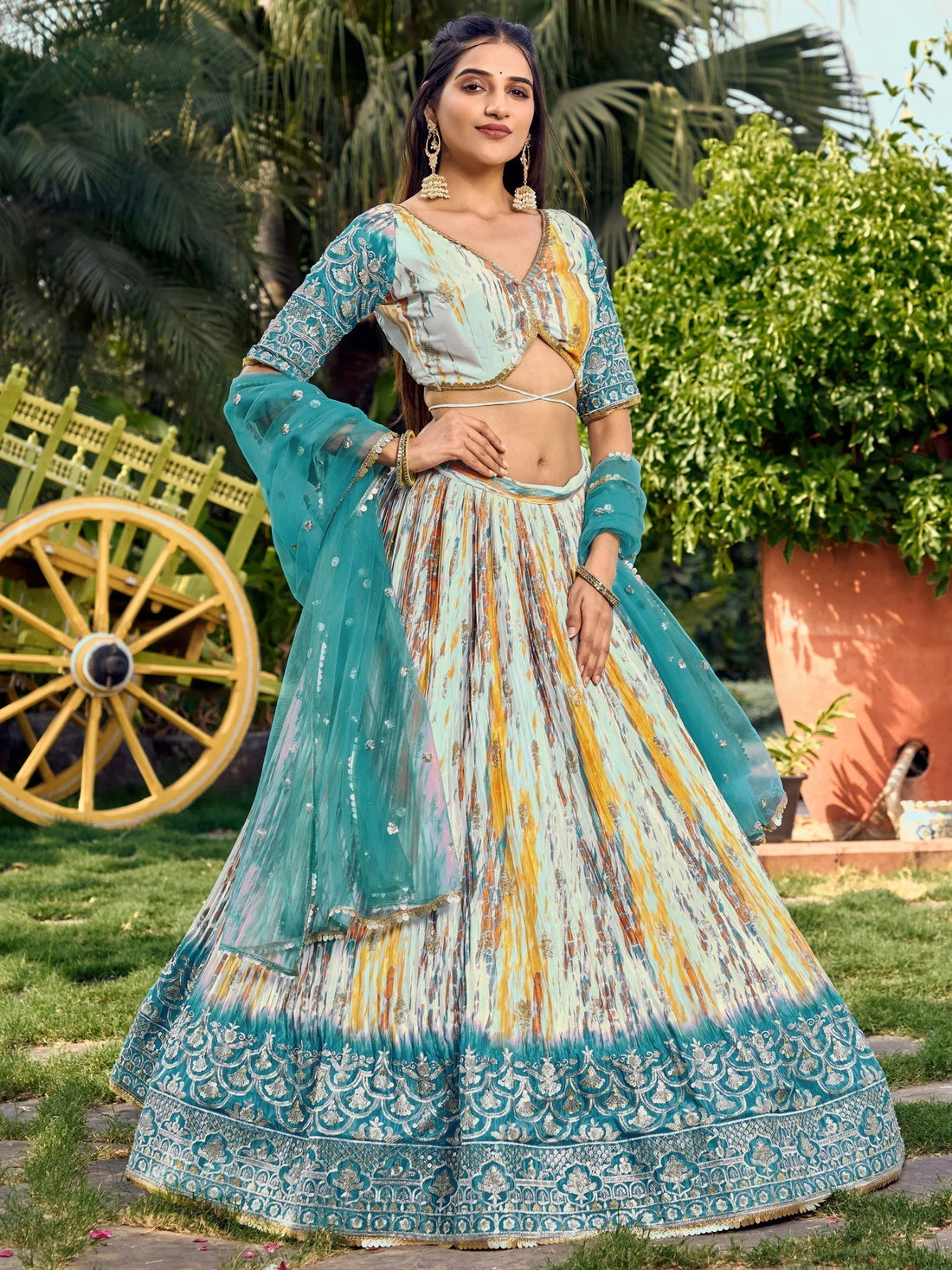 Lovely White & Blue Digital Printed Chinon Sangeet Wear Lehenga Choli