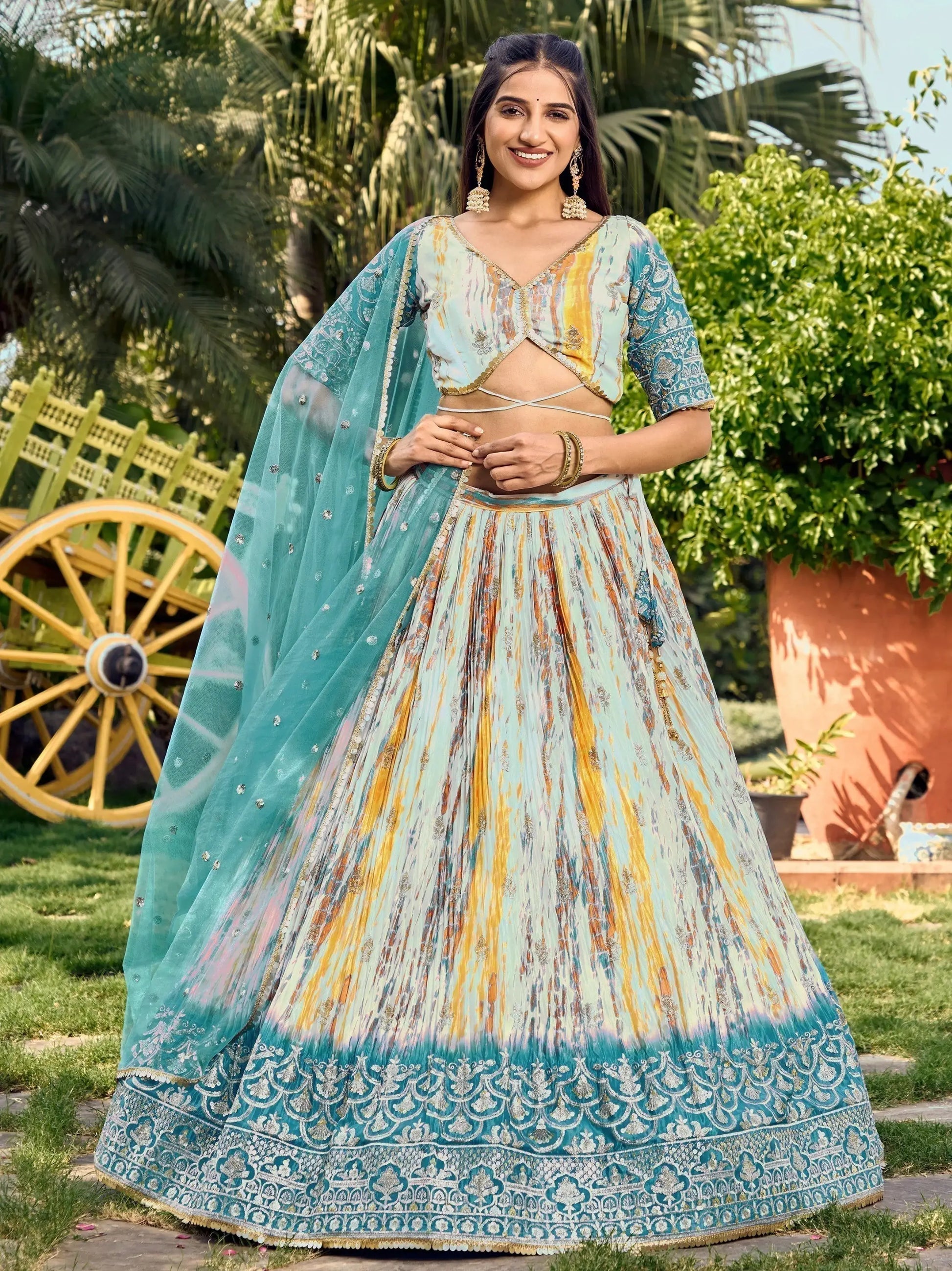 Lovely White & Blue Digital Printed Chinon Sangeet Wear Lehenga Choli - Zeel Clothing