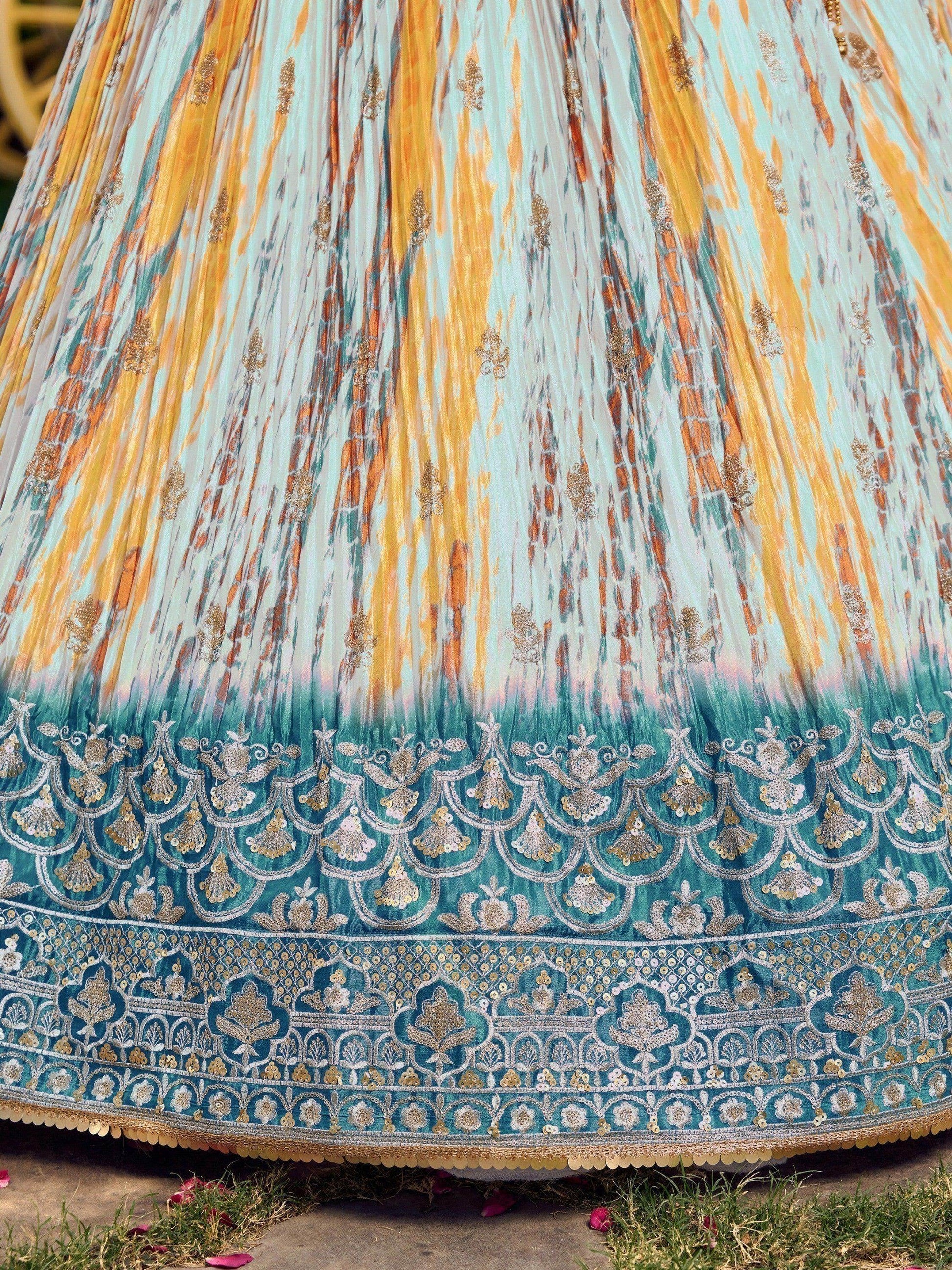 Lovely White & Blue Digital Printed Chinon Sangeet Wear Lehenga Choli - Zeel Clothing