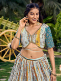 Lovely White & Blue Digital Printed Chinon Sangeet Wear Lehenga Choli - Zeel Clothing