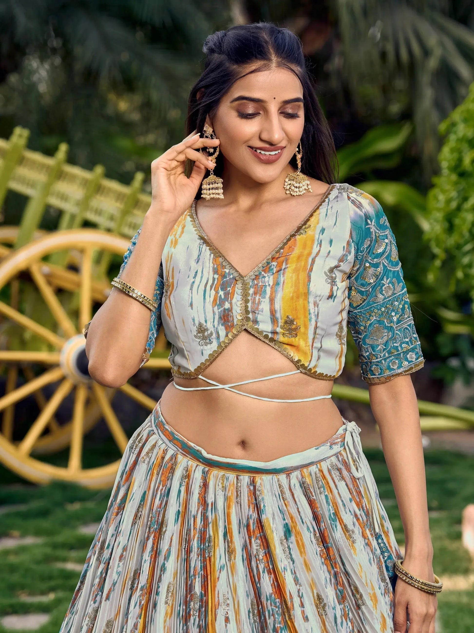 Lovely White & Blue Digital Printed Chinon Sangeet Wear Lehenga Choli - Zeel Clothing