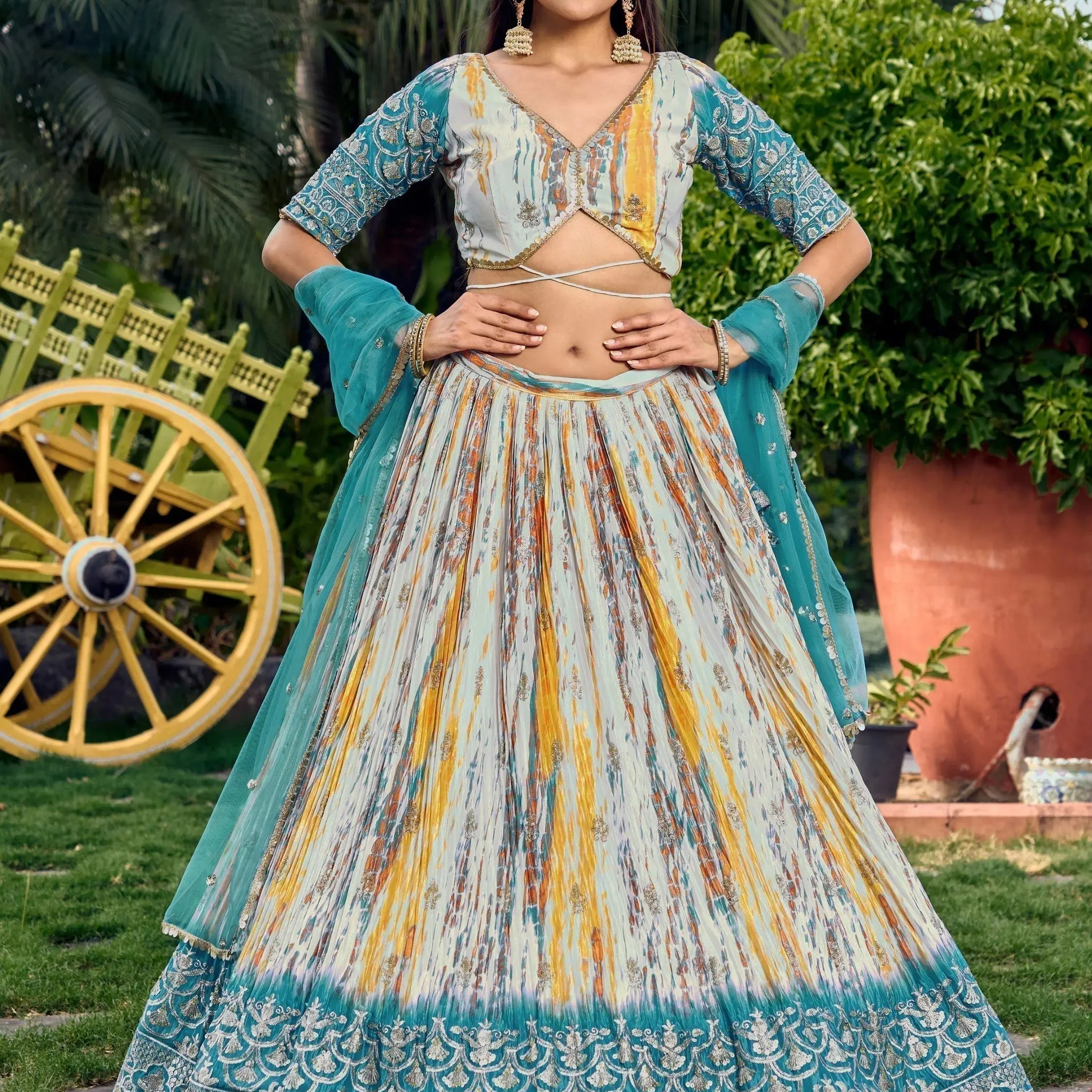 Lovely White & Blue Digital Printed Chinon Sangeet Wear Lehenga Choli - Zeel Clothing