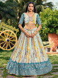 Lovely White & Blue Digital Printed Chinon Sangeet Wear Lehenga Choli - Zeel Clothing