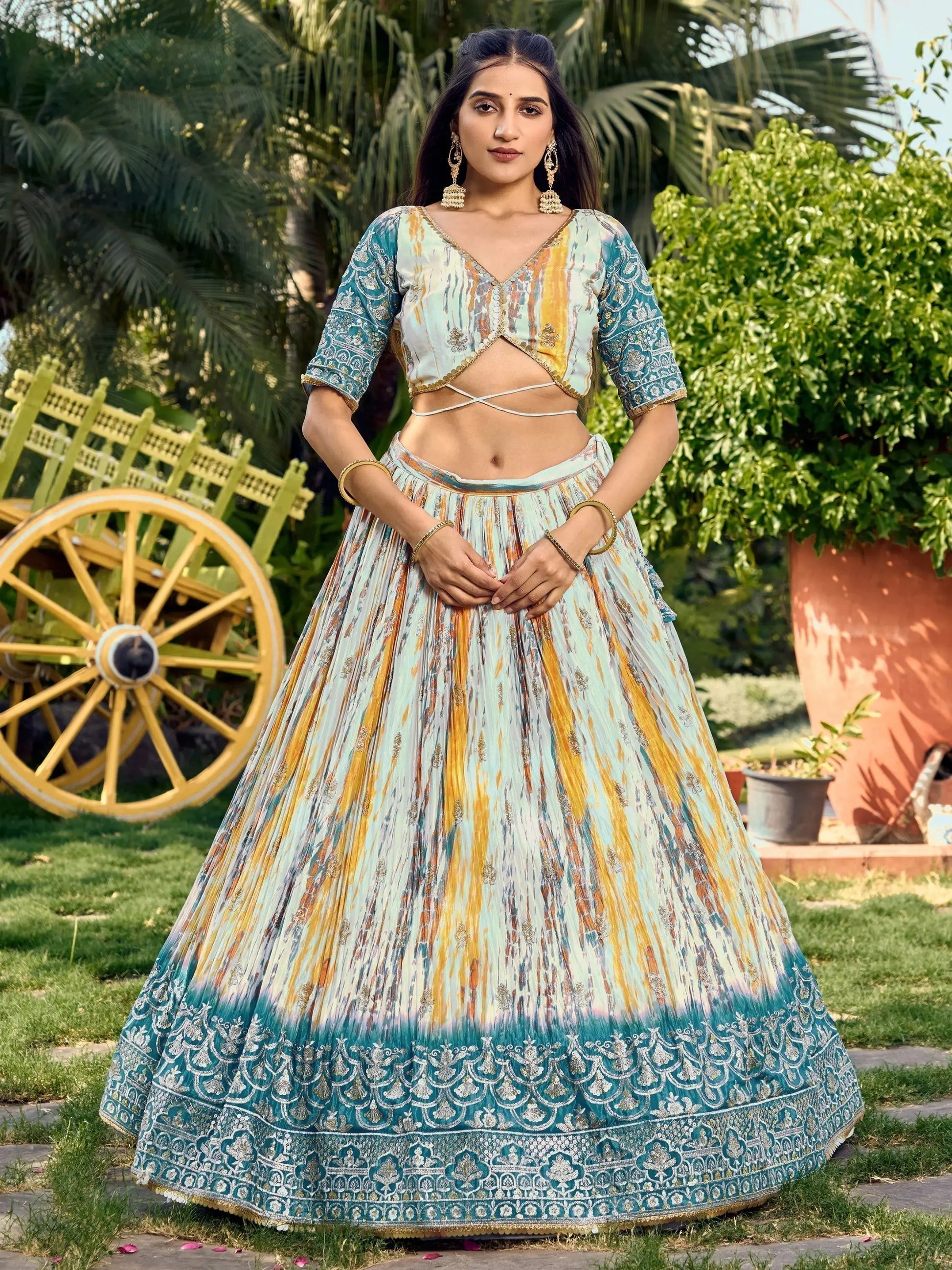 Lovely White & Blue Digital Printed Chinon Sangeet Wear Lehenga Choli - Zeel Clothing