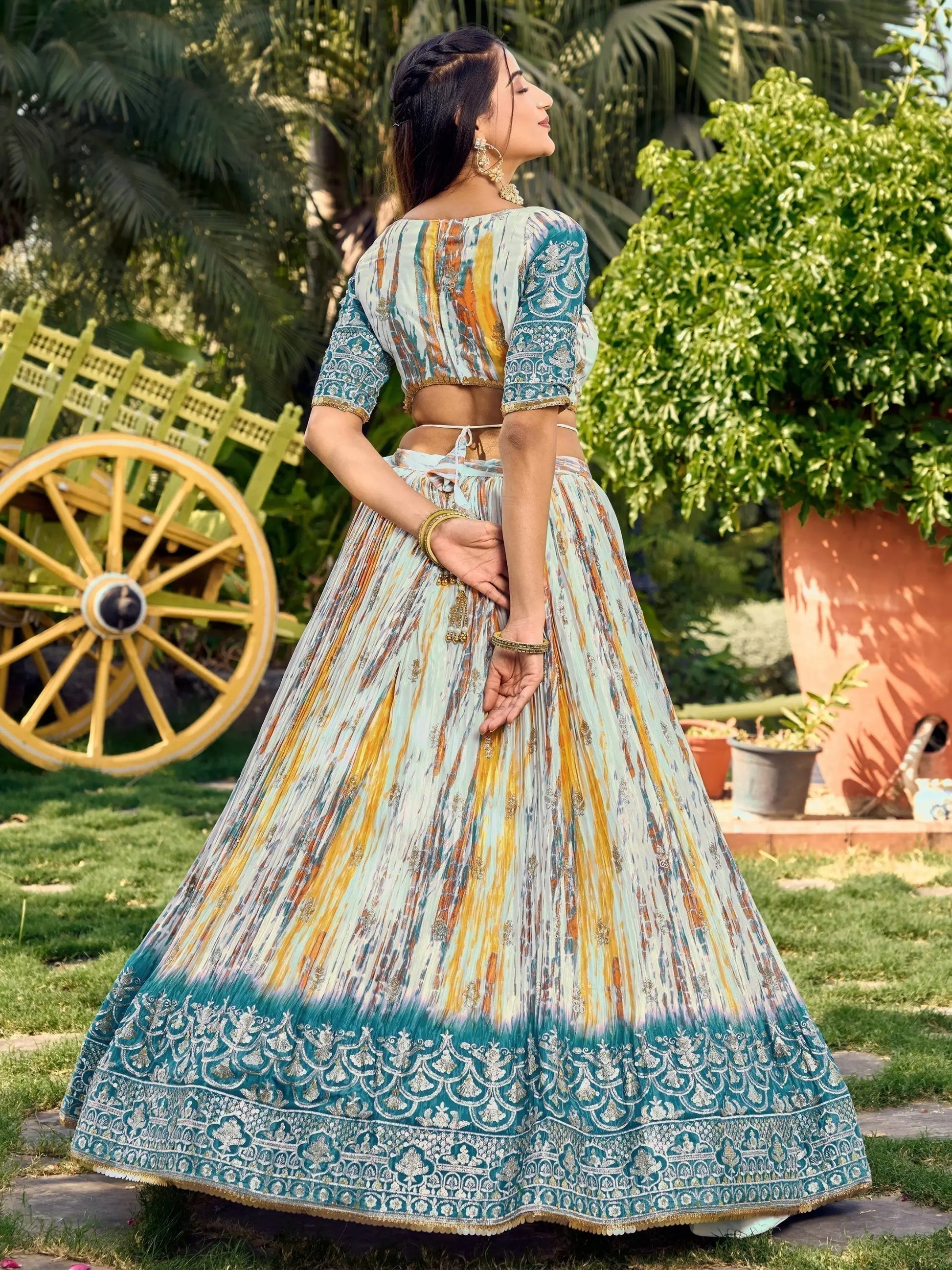 Lovely White & Blue Digital Printed Chinon Sangeet Wear Lehenga Choli - Zeel Clothing