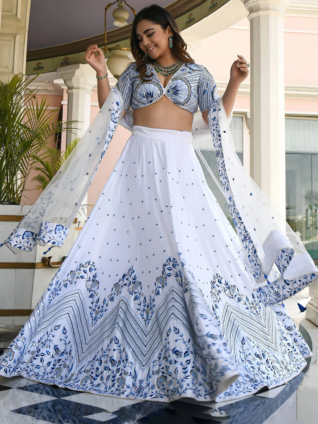 Lovely White Thread Work Sangeet Wear Lehenga Choli With Net Dupatta