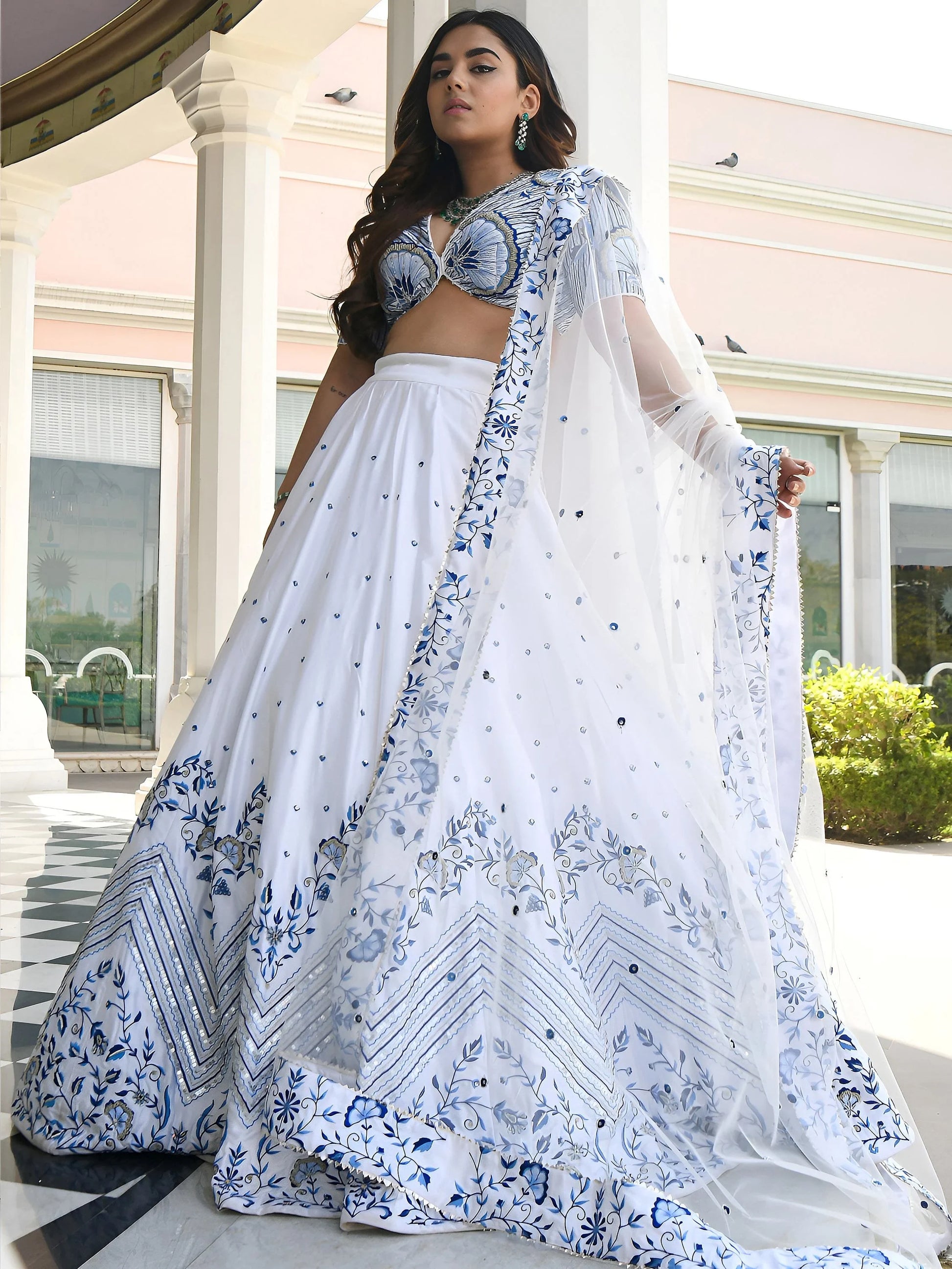 Lovely White Thread Work Sangeet Wear Lehenga Choli With Net Dupatta