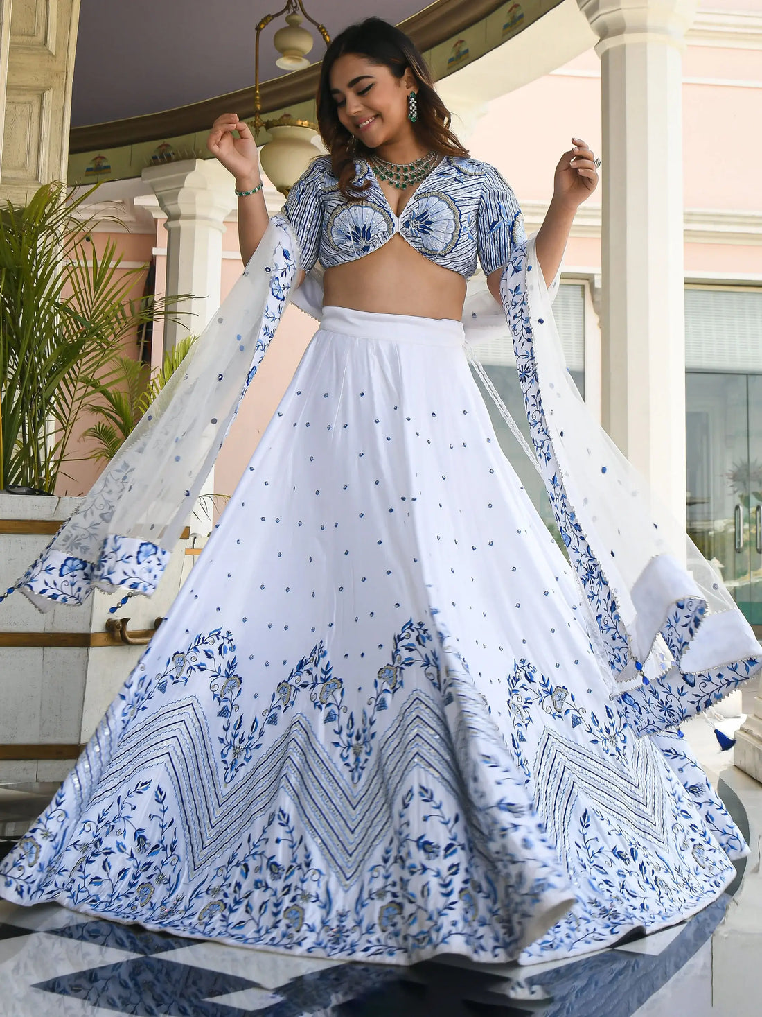 Lovely White Thread Work Sangeet Wear Lehenga Choli With Net Dupatta - Zeel Clothing