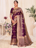 Elegant purple saree with gold embroidery, perfect for festive occasions and traditional events.