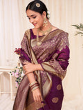 Elegant purple and gold saree with intricate paisley patterns, perfect for festive occasions