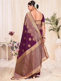 Purple and gold embroidered saree with backless blouse, traditional Indian fashion for women