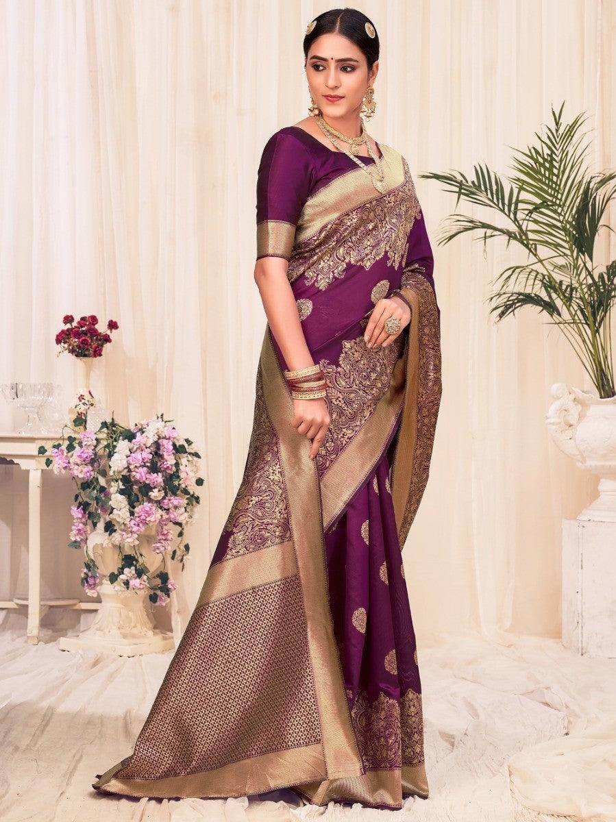 Lovely Wine Weaving Banarasi Silk Wedding Wear Saree - Zeel Clothing