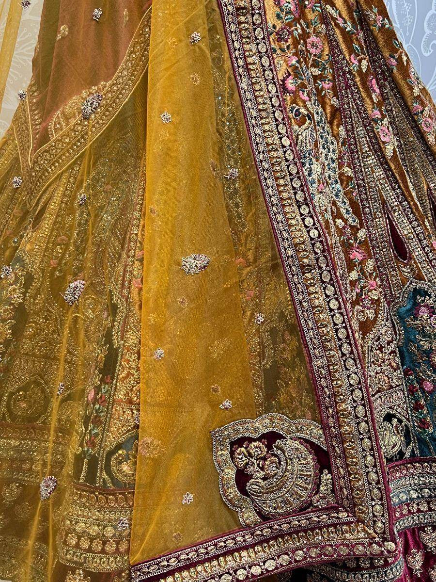 Lovely Yellow And Maroon Dori Work Velvet Bridal Lehenga Choli - Zeel Clothing