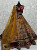 Lovely Yellow And Maroon Dori Work Velvet Bridal Lehenga Choli - Zeel Clothing