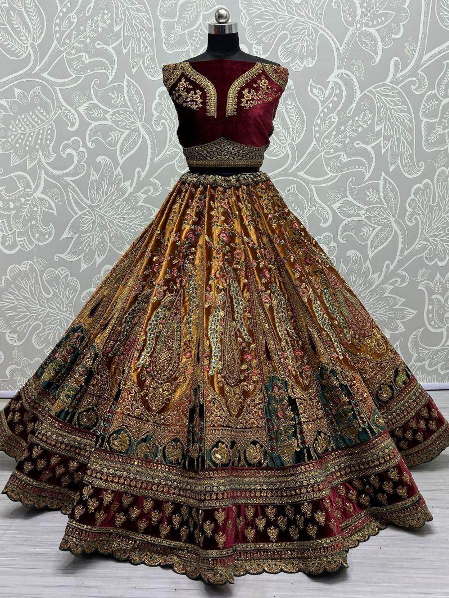 Lovely Yellow And Maroon Dori Work Velvet Bridal Lehenga Choli - Zeel Clothing