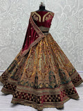 Lovely Yellow And Maroon Dori Work Velvet Bridal Lehenga Choli - Zeel Clothing