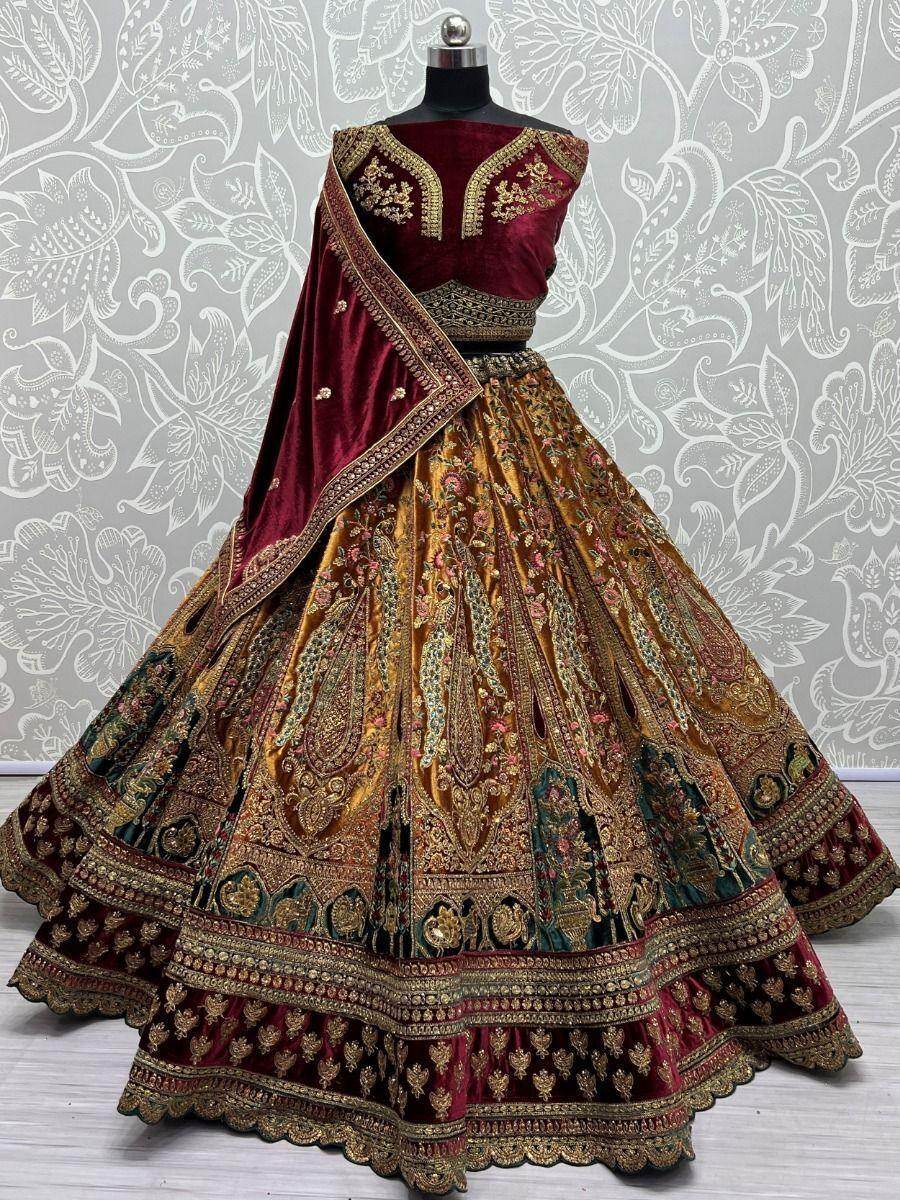 Lovely Yellow And Maroon Dori Work Velvet Bridal Lehenga Choli - Zeel Clothing