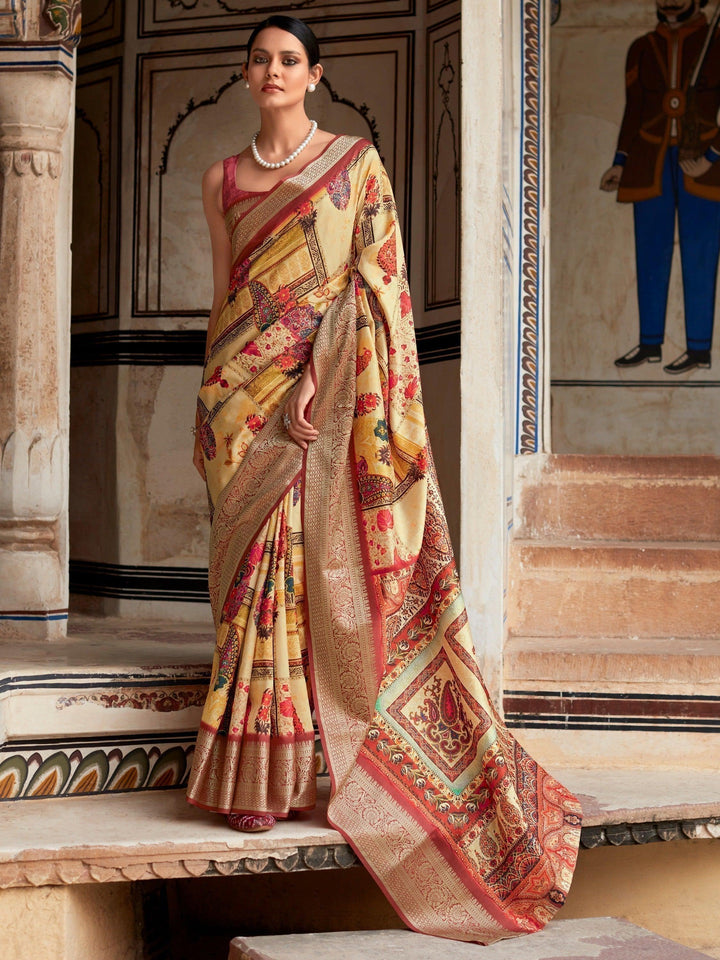 Lovely Yellow Digital Printed Silk Festive Wear Saree With Blouse