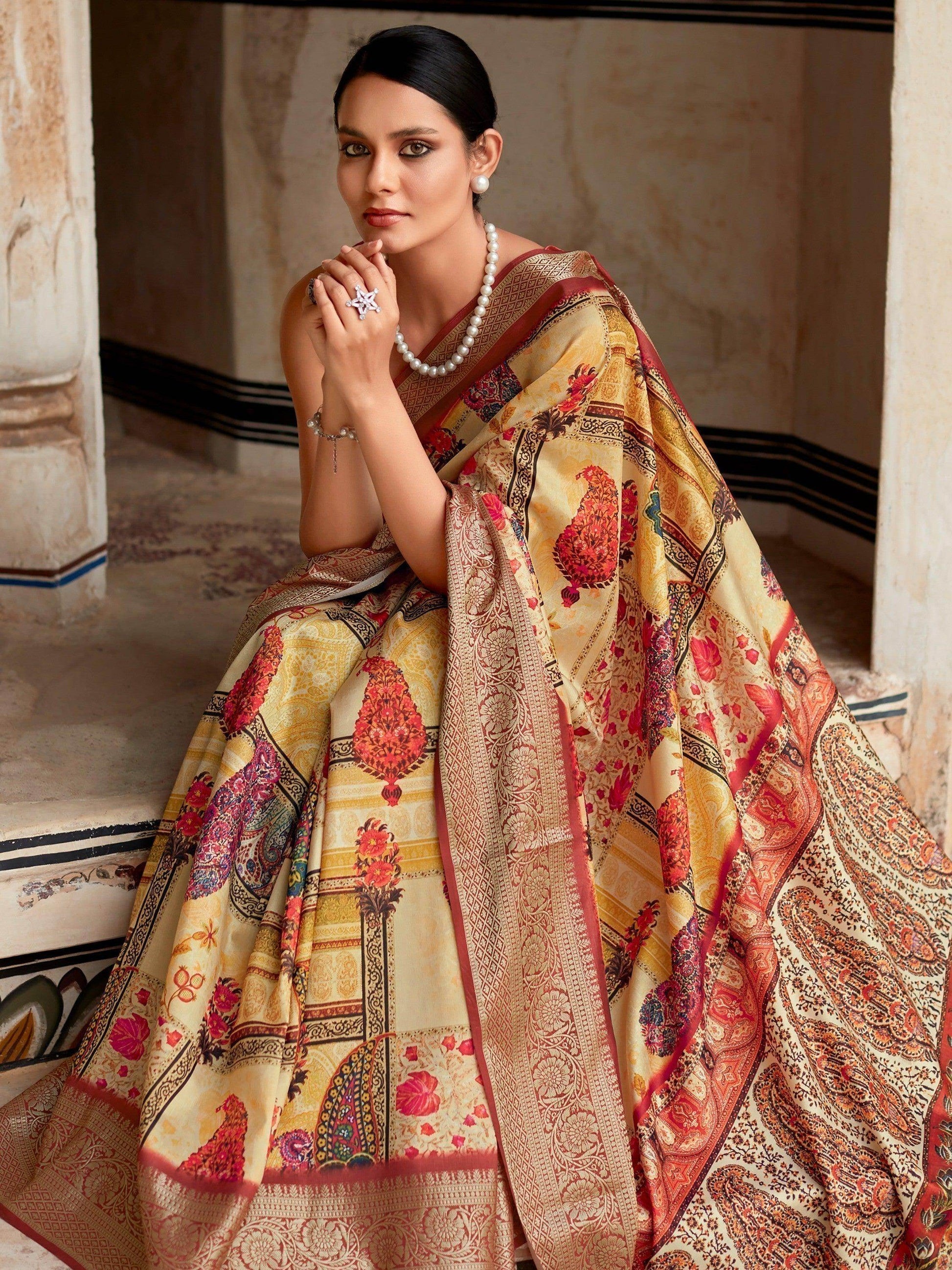 Lovely Yellow Digital Printed Silk Festive Wear Saree With Blouse - Zeel Clothing