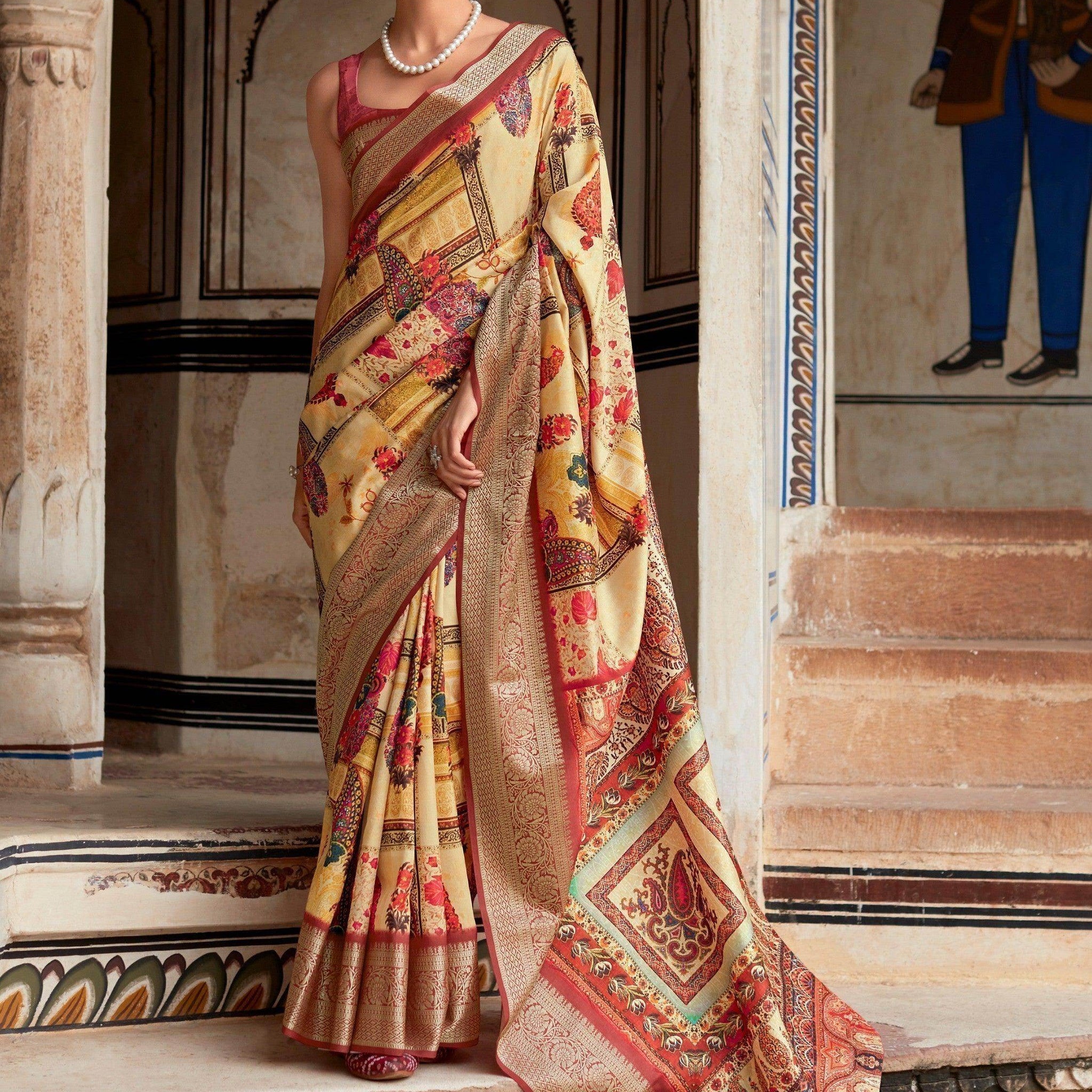Lovely Yellow Digital Printed Silk Festive Wear Saree With Blouse - Zeel Clothing