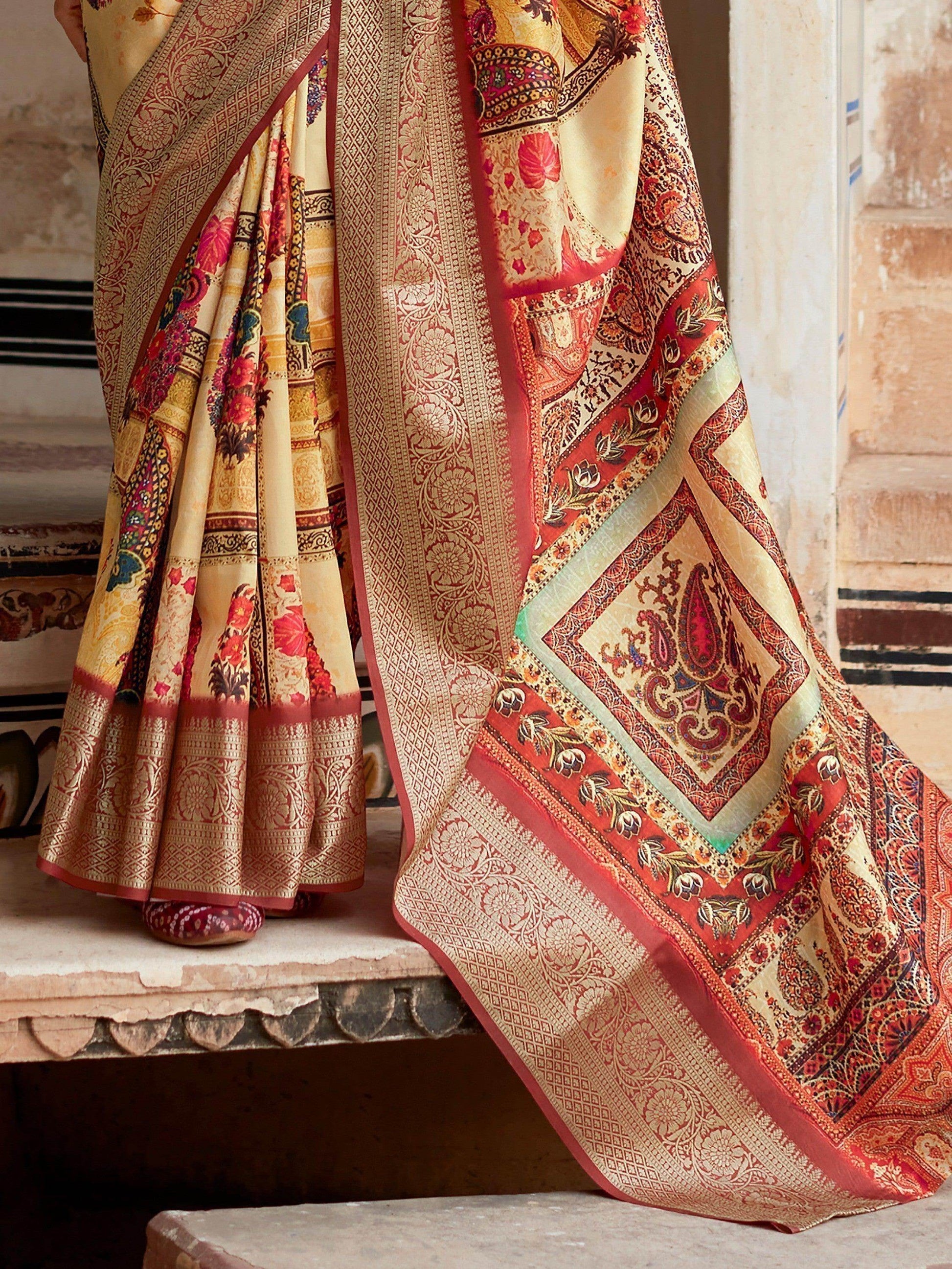 Lovely Yellow Digital Printed Silk Festive Wear Saree With Blouse - Zeel Clothing