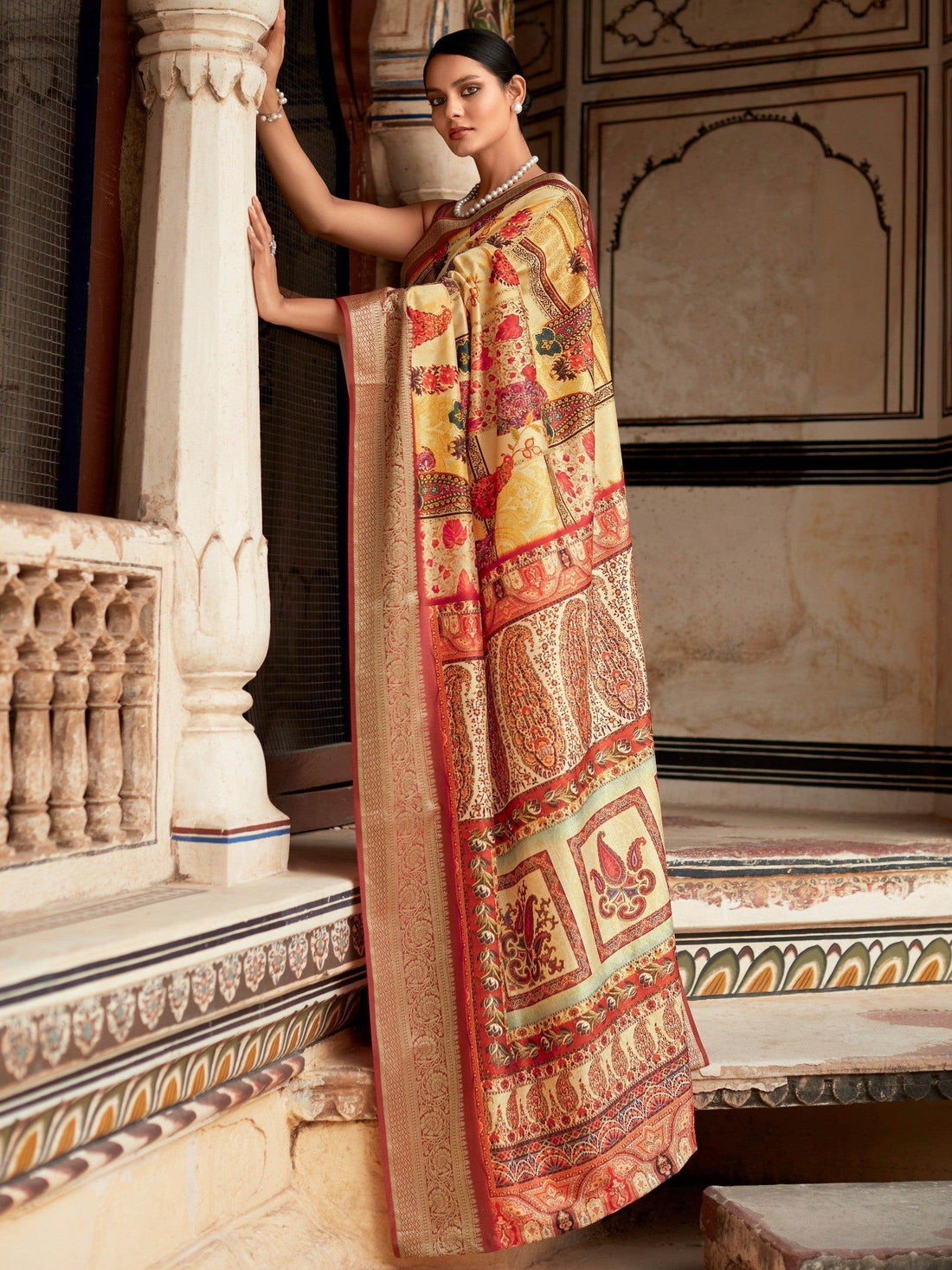 Lovely Yellow Digital Printed Silk Festive Wear Saree With Blouse - Zeel Clothing