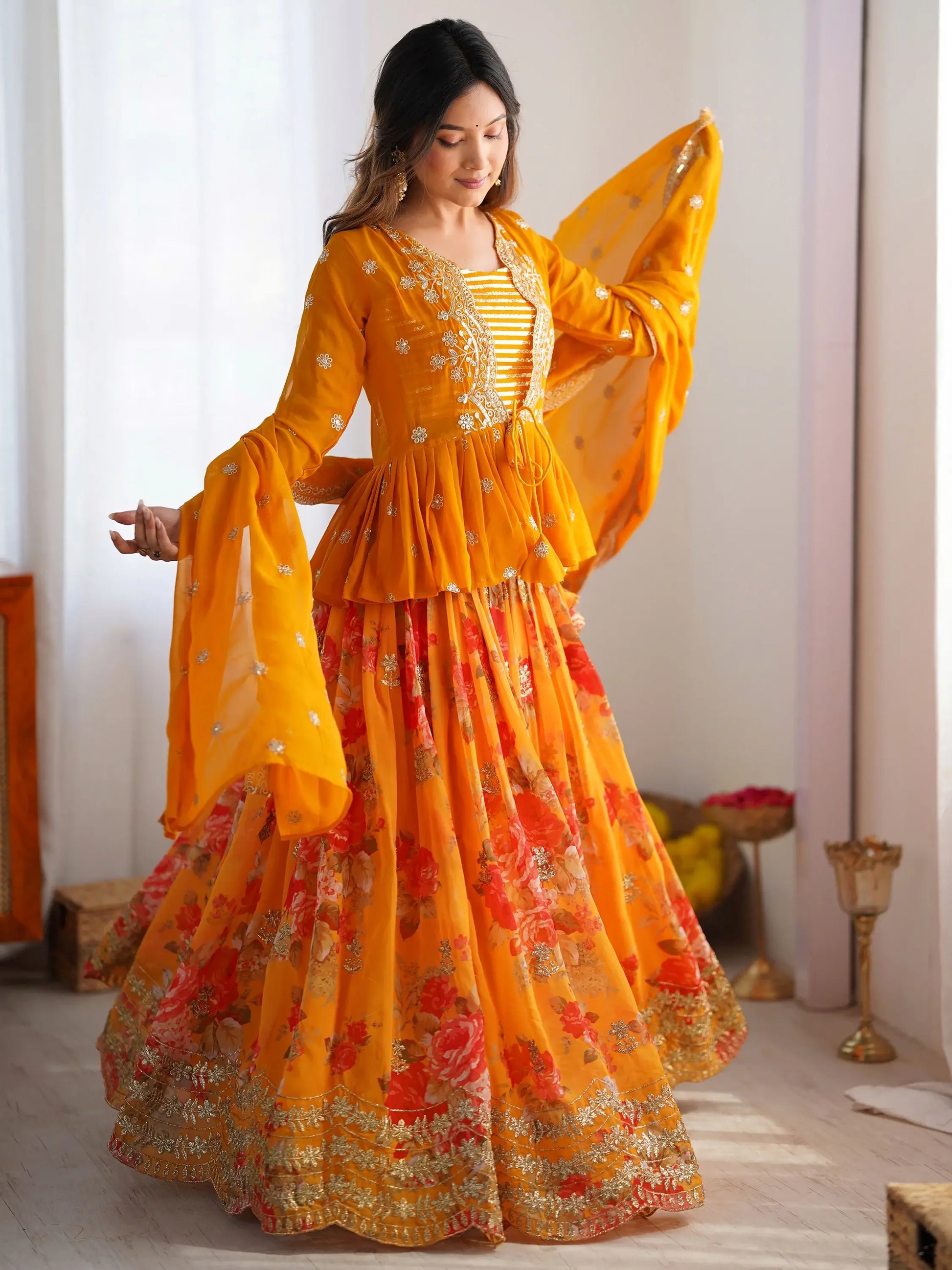 Lovely Yellow Floral Printed Georgette Crop Top Lehenga With Koti - Zeel Clothing