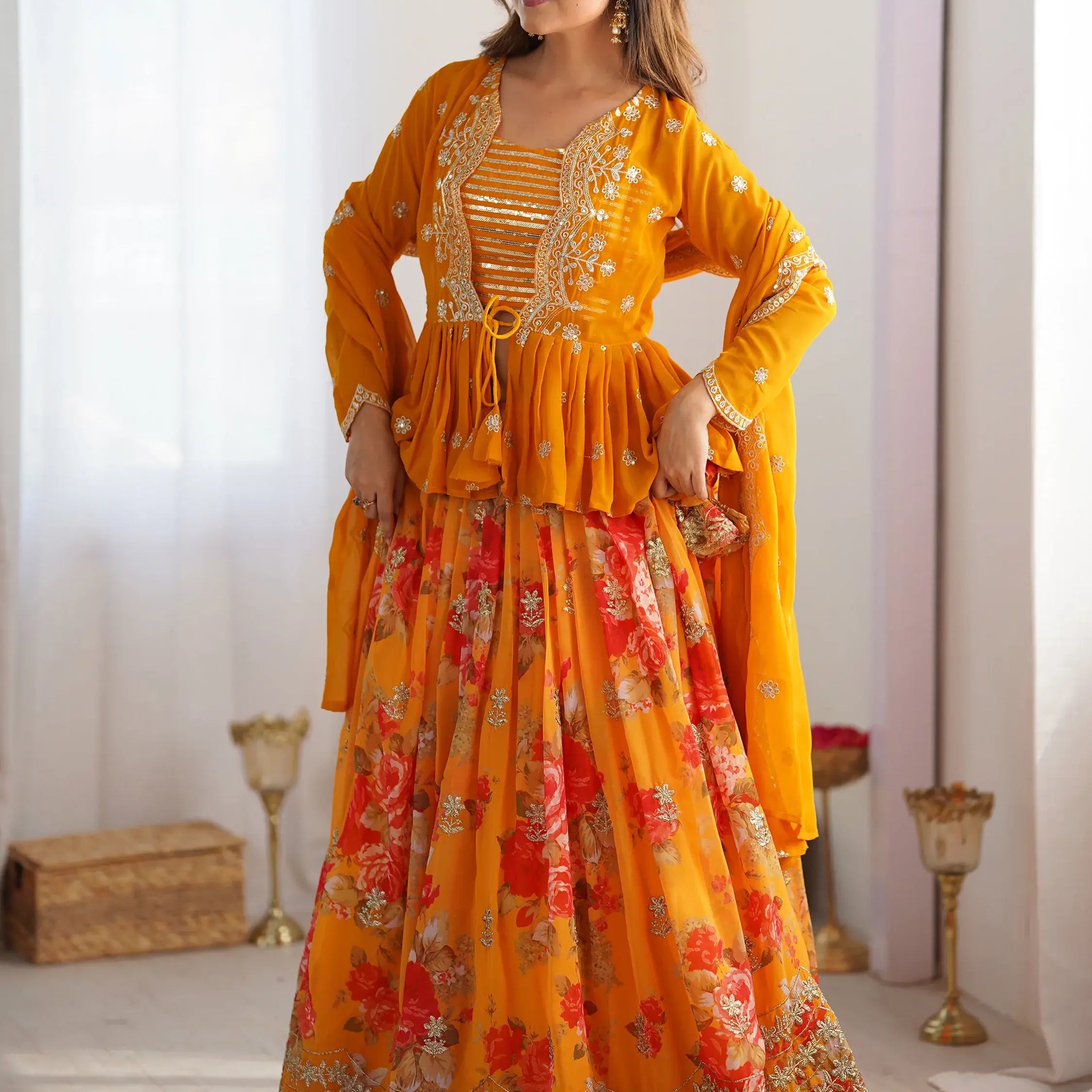 Lovely Yellow Floral Printed Georgette Crop Top Lehenga With Koti - Zeel Clothing