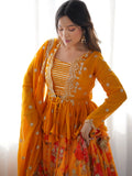 Lovely Yellow Floral Printed Georgette Crop Top Lehenga With Koti - Zeel Clothing