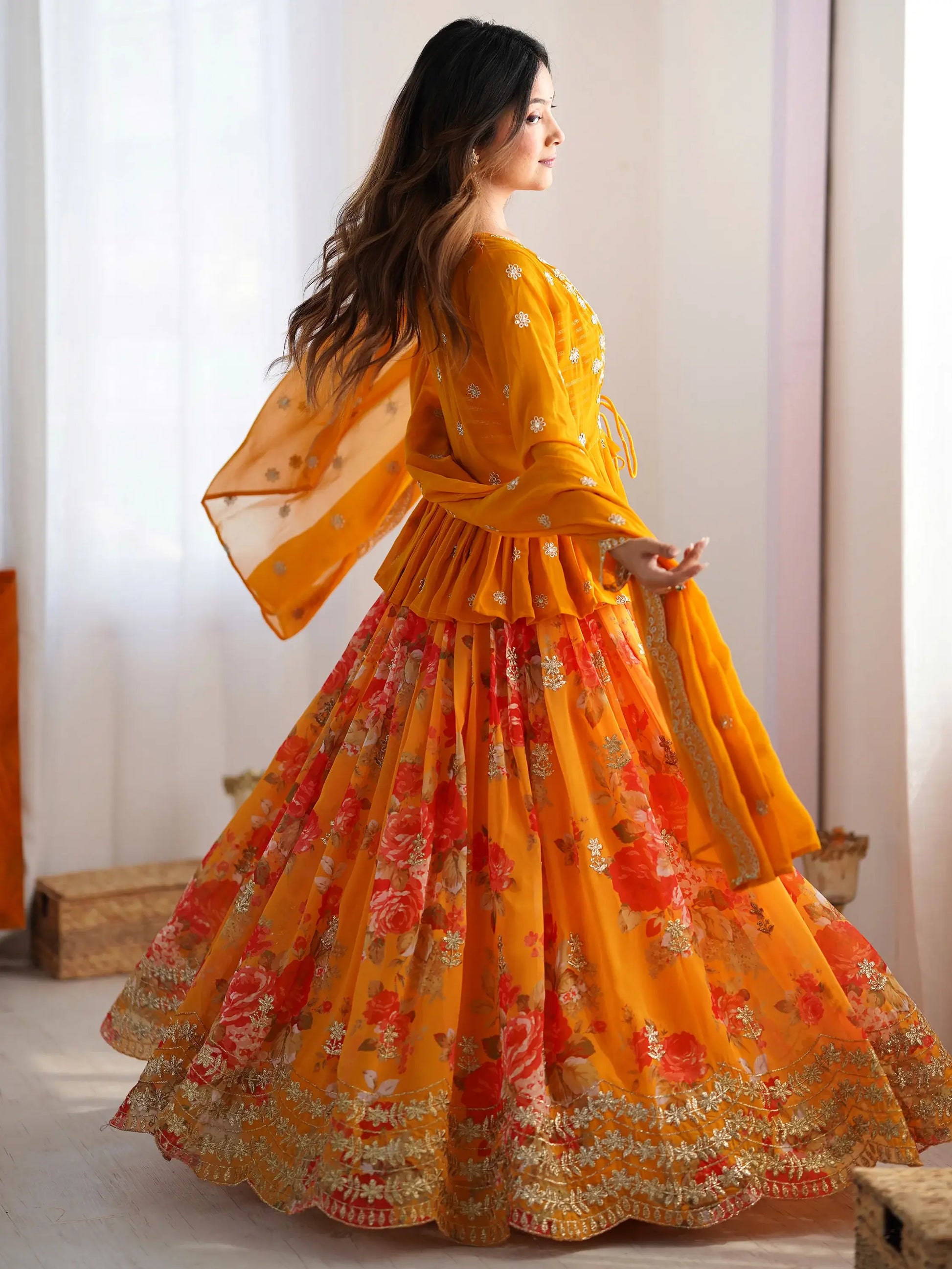 Lovely Yellow Floral Printed Georgette Crop Top Lehenga With Koti - Zeel Clothing