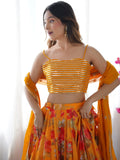 Lovely Yellow Floral Printed Georgette Crop Top Lehenga With Koti - Zeel Clothing