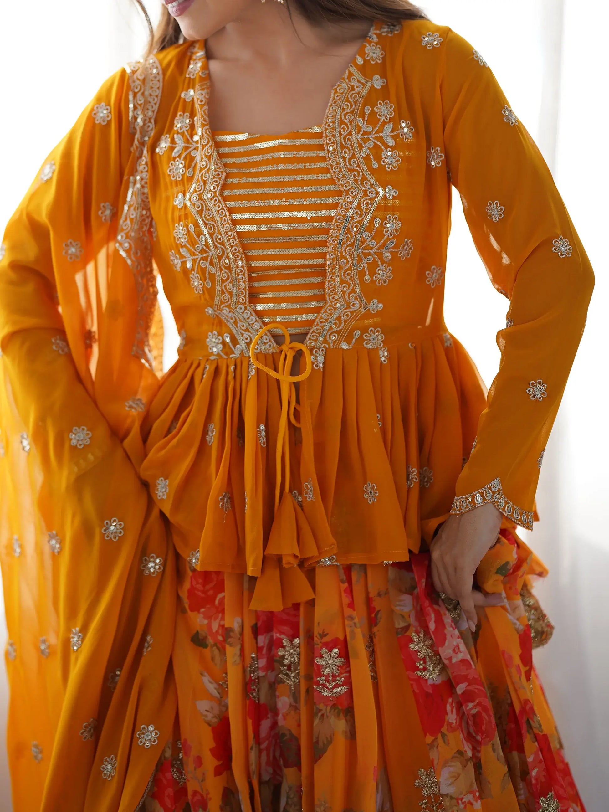 Lovely Yellow Floral Printed Georgette Crop Top Lehenga With Koti - Zeel Clothing