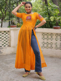 Lovely Yellow Kutchi Patch Work Georgette Navratri Wear Side Slit Kurti - Zeel Clothing