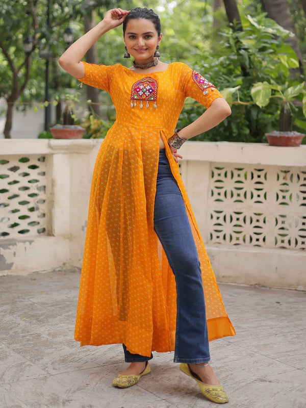 Lovely Yellow Kutchi Patch Work Georgette Navratri Wear Side Slit Kurti - Zeel Clothing