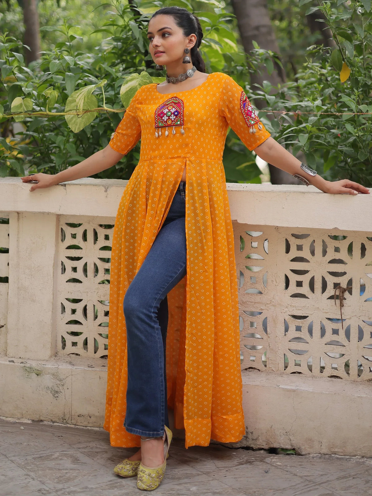 Lovely Yellow Kutchi Patch Work Georgette Navratri Wear Side Slit Kurti - Zeel Clothing