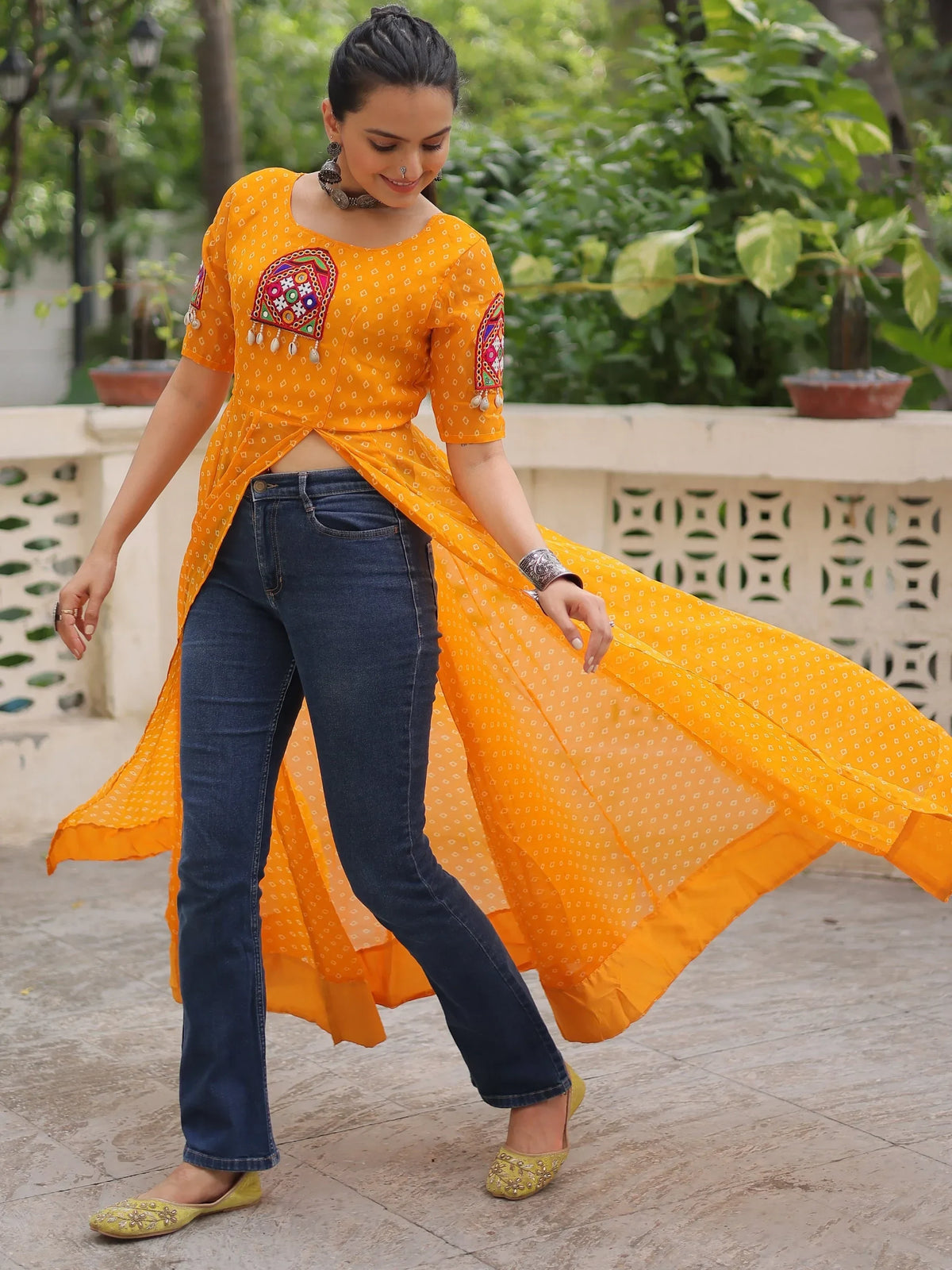 Lovely Yellow Kutchi Patch Work Georgette Navratri Wear Side Slit Kurti - Zeel Clothing