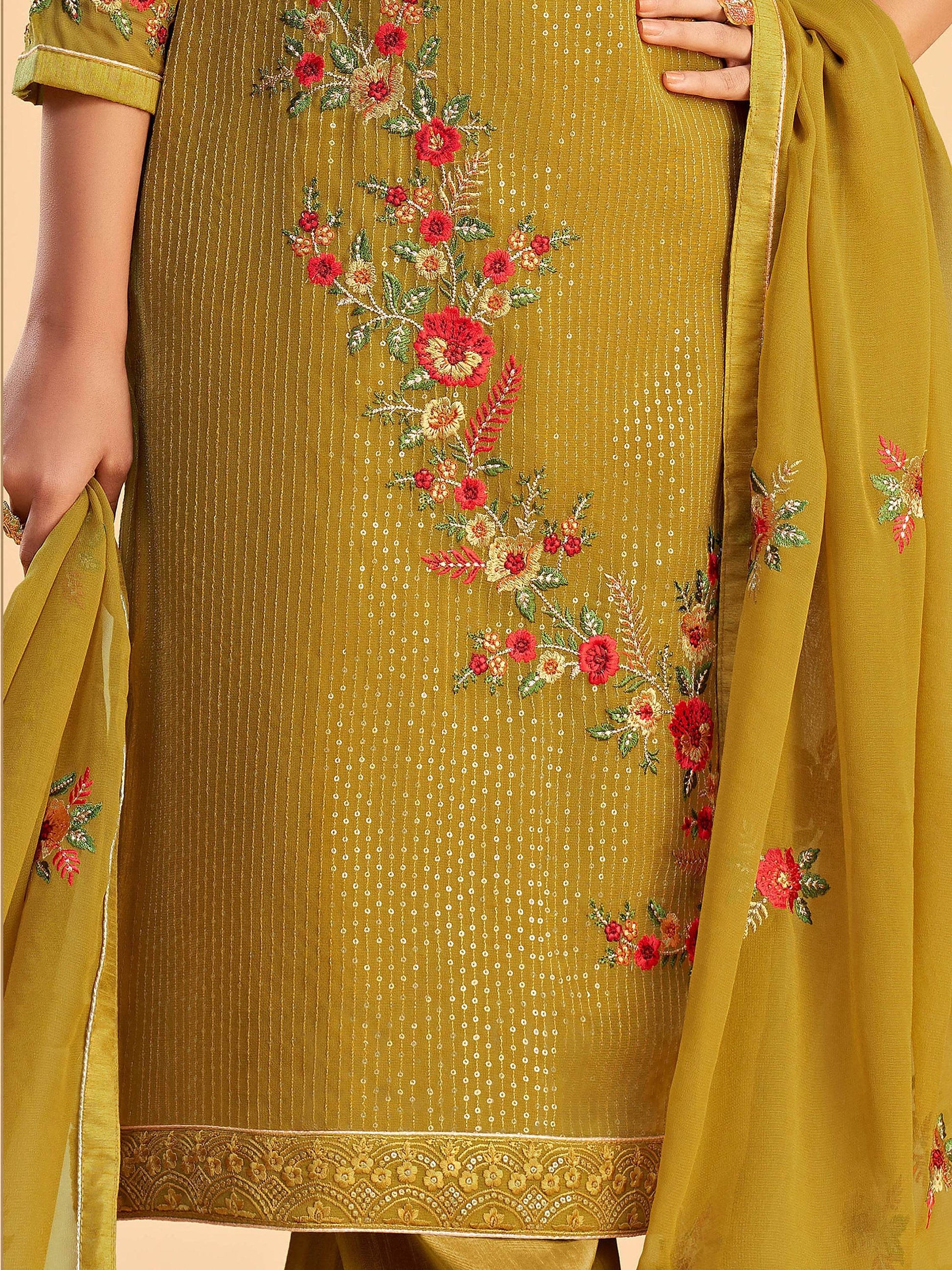 Lovely Yellow Zari Embroidered Georgette Salwar Suit - Zeel Clothing