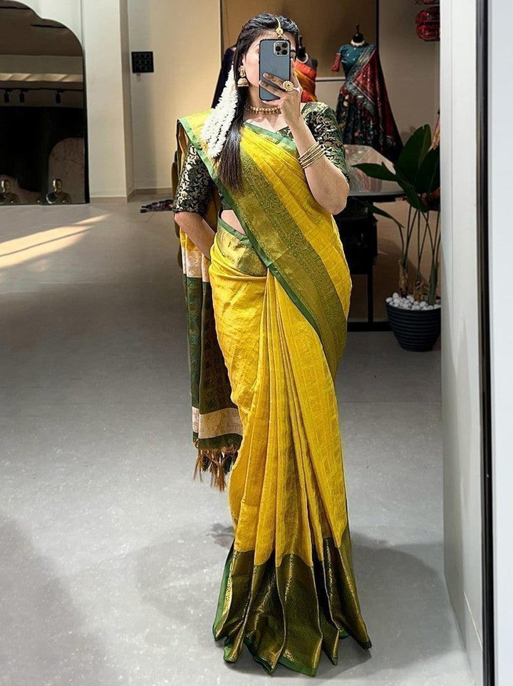 Lovely Yellow Zari Weaving Kanjivaram Festive Wear Saree With Blouse