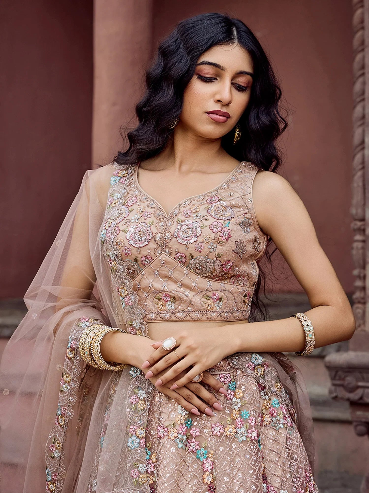 Luxurious Beige Net Floral Embroidery Function Wear Lehenga Choli With Dupatta