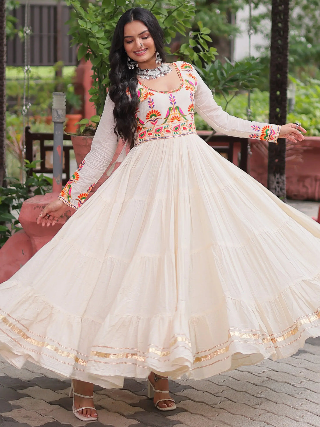 Luxurious Off-White Multi Thread Work Cotton Festive Wear Gown - Zeel Clothing