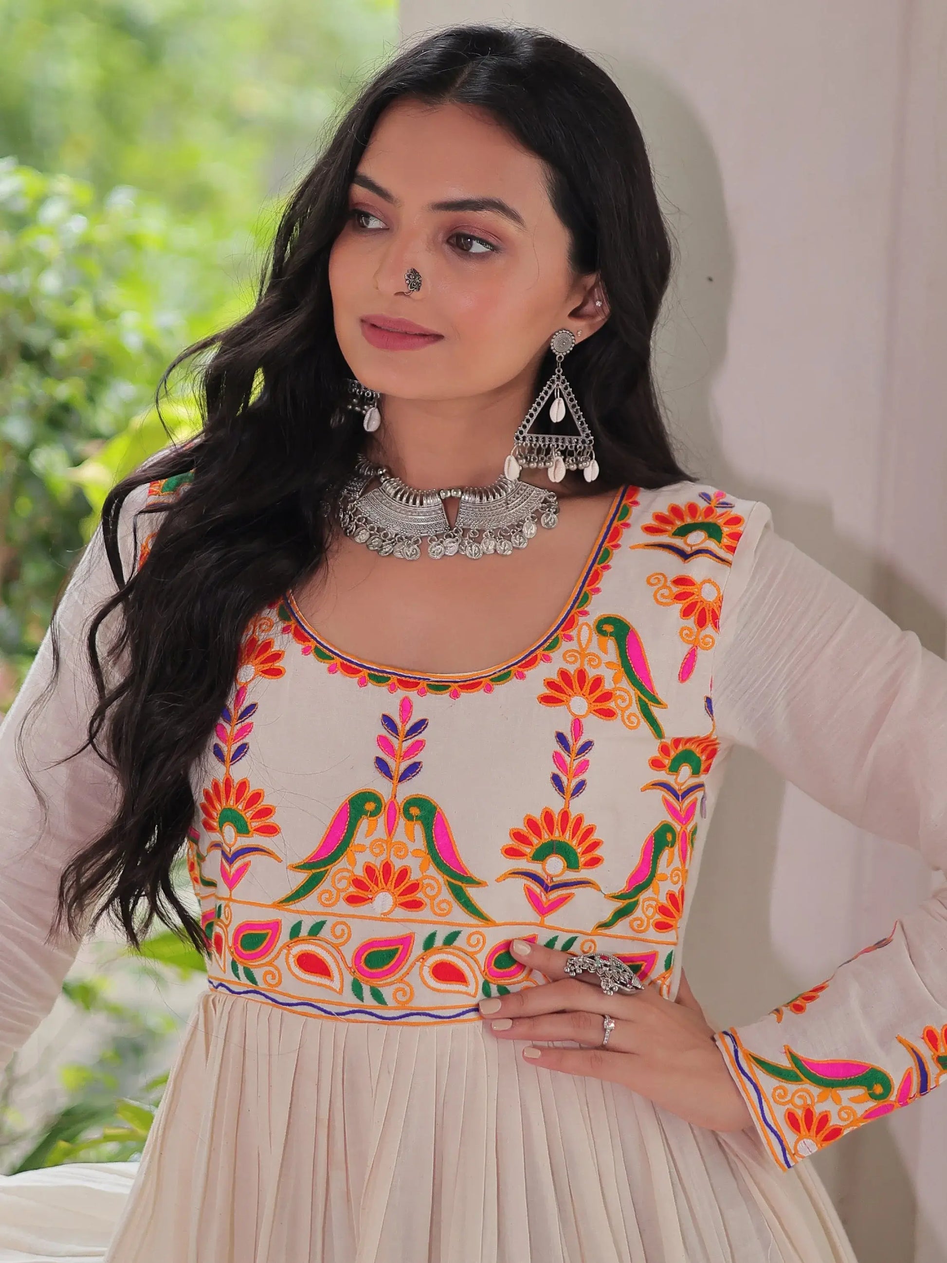 Luxurious Off-White Multi Thread Work Cotton Festive Wear Gown - Zeel Clothing