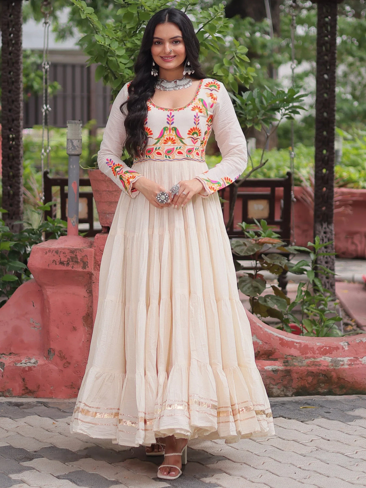 Luxurious Off-White Multi Thread Work Cotton Festive Wear Gown - Zeel Clothing