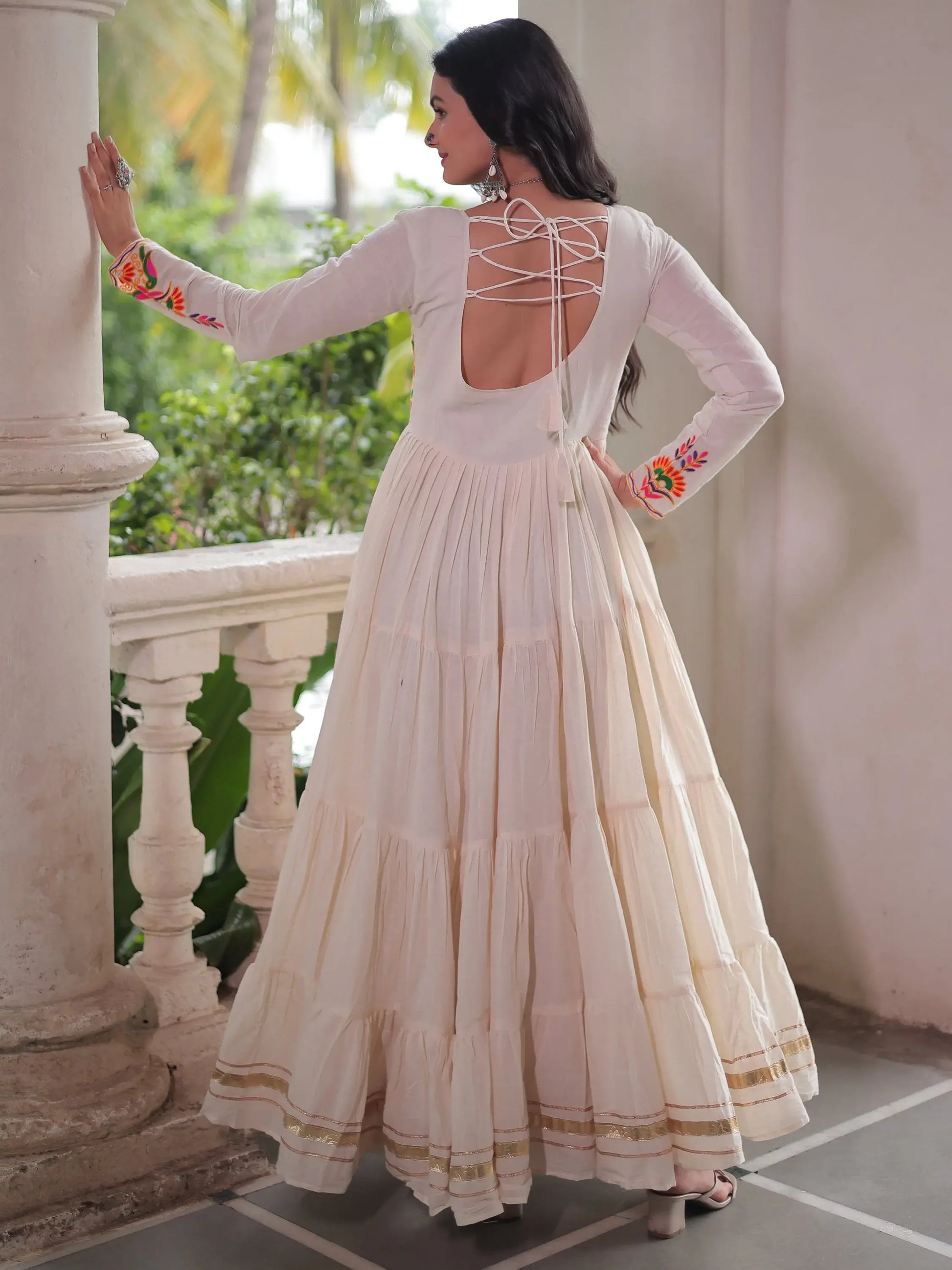 Luxurious Off-White Multi Thread Work Cotton Festive Wear Gown - Zeel Clothing