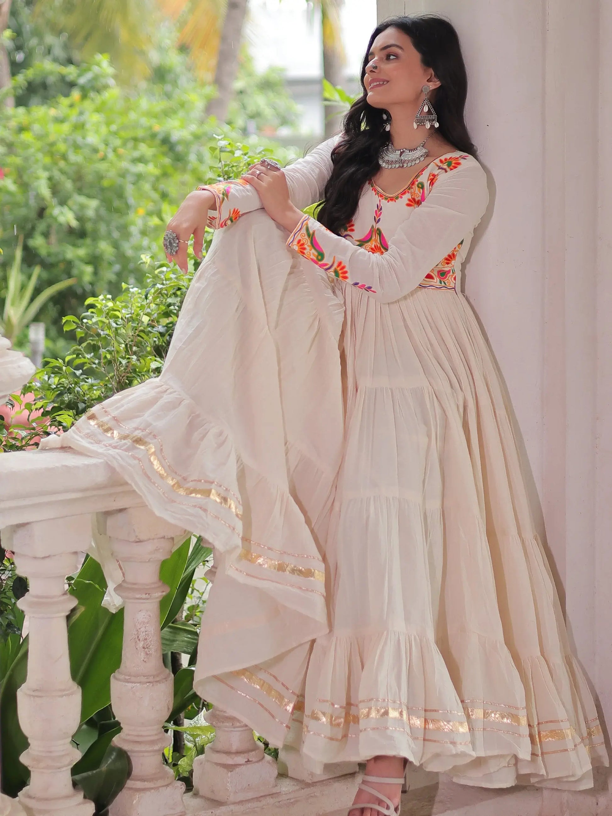 Luxurious Off-White Multi Thread Work Cotton Festive Wear Gown - Zeel Clothing