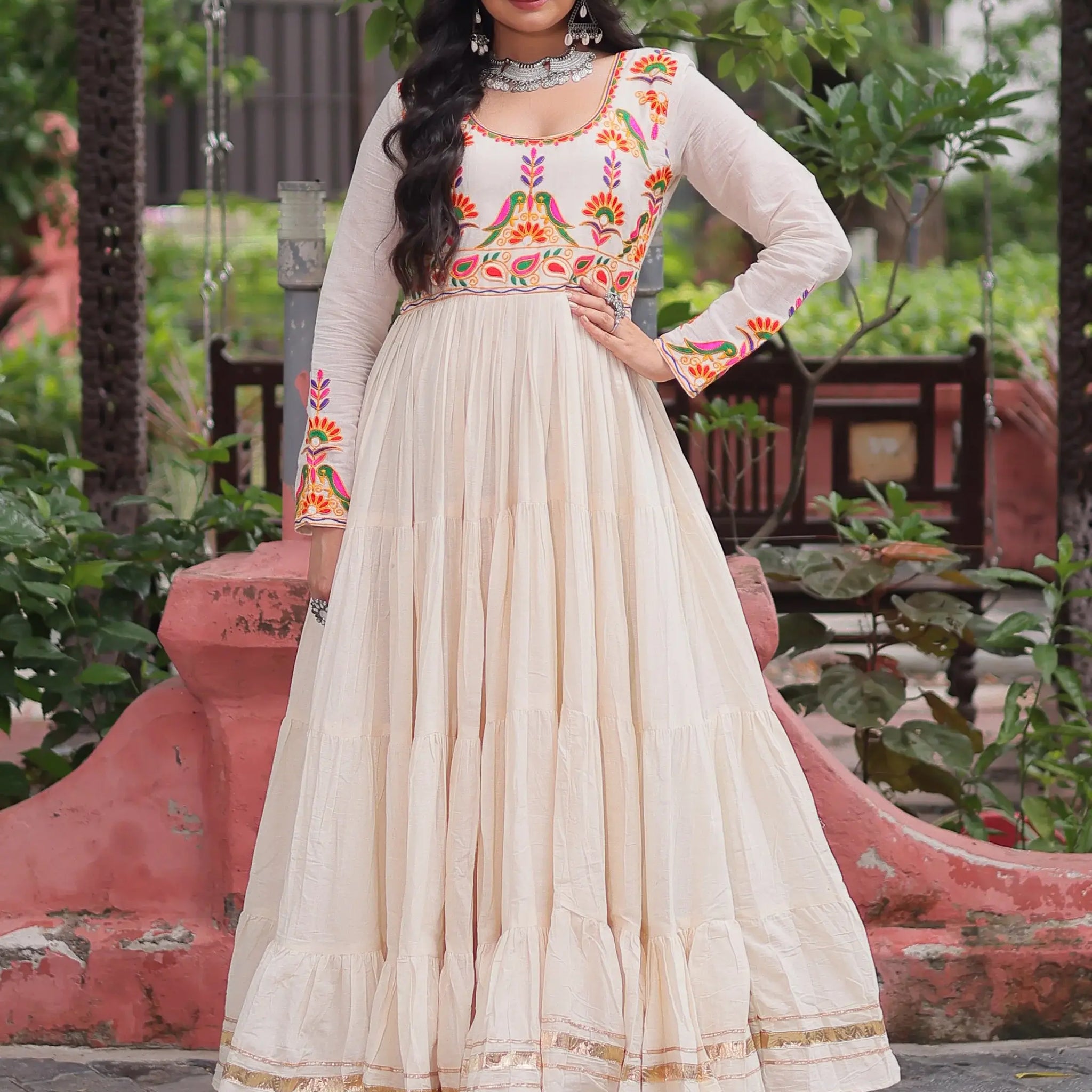 Luxurious Off-White Multi Thread Work Cotton Festive Wear Gown - Zeel Clothing