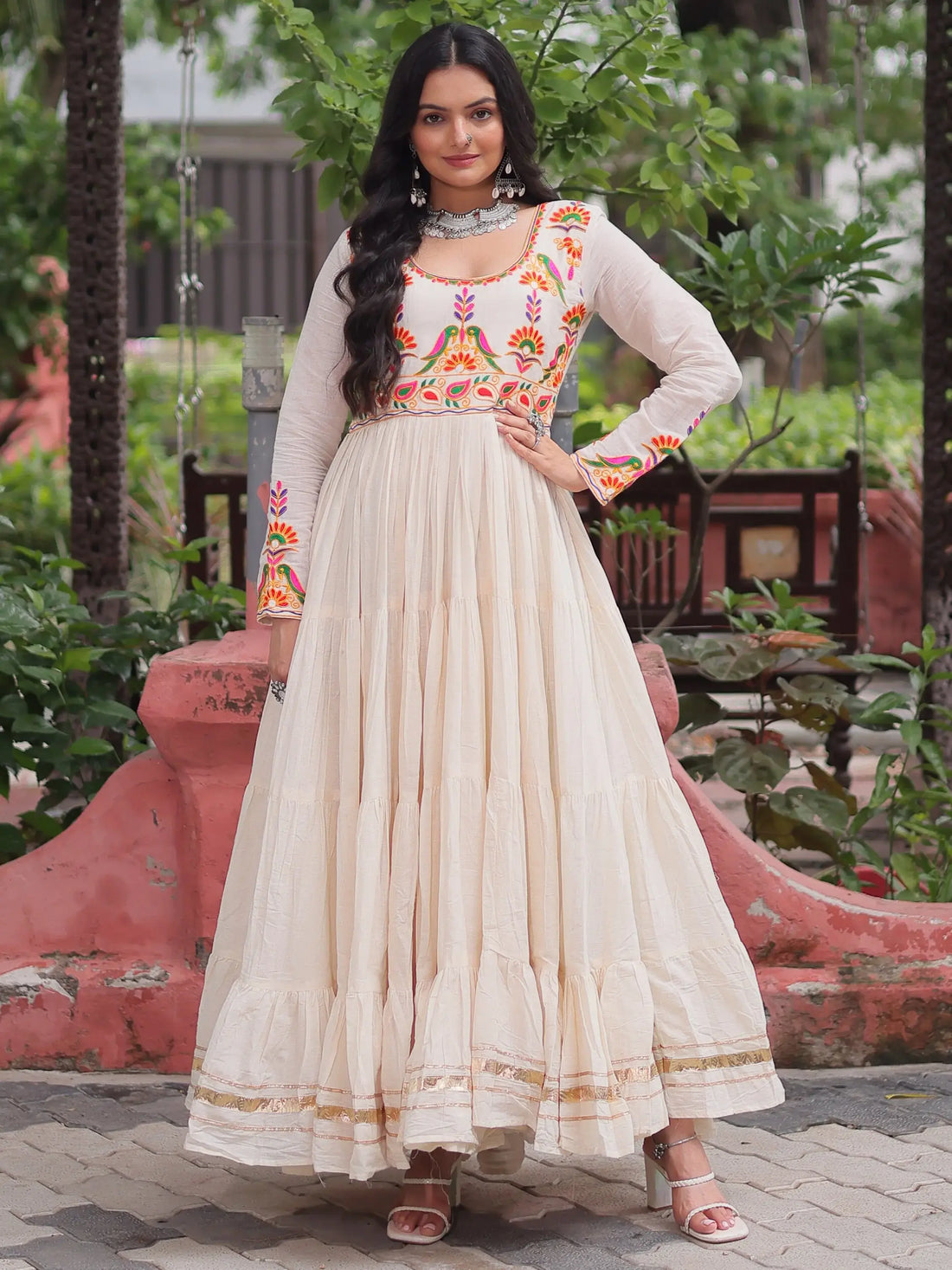 Luxurious Off-White Multi Thread Work Cotton Festive Wear Gown - Zeel Clothing