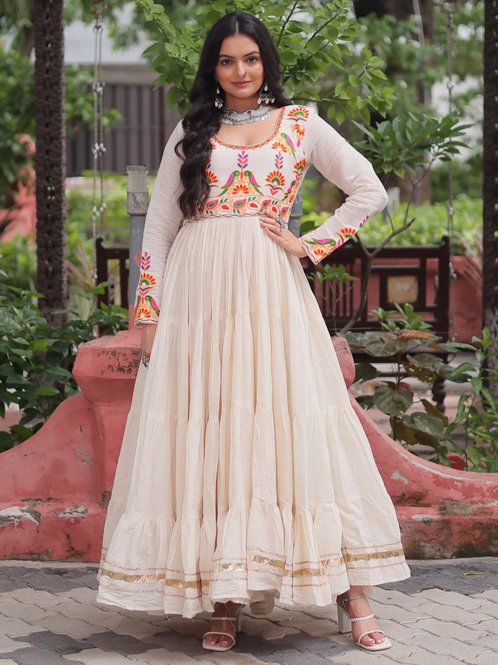 Luxurious Off-White Multi Thread Work Cotton Festive Wear Gown - Zeel Clothing