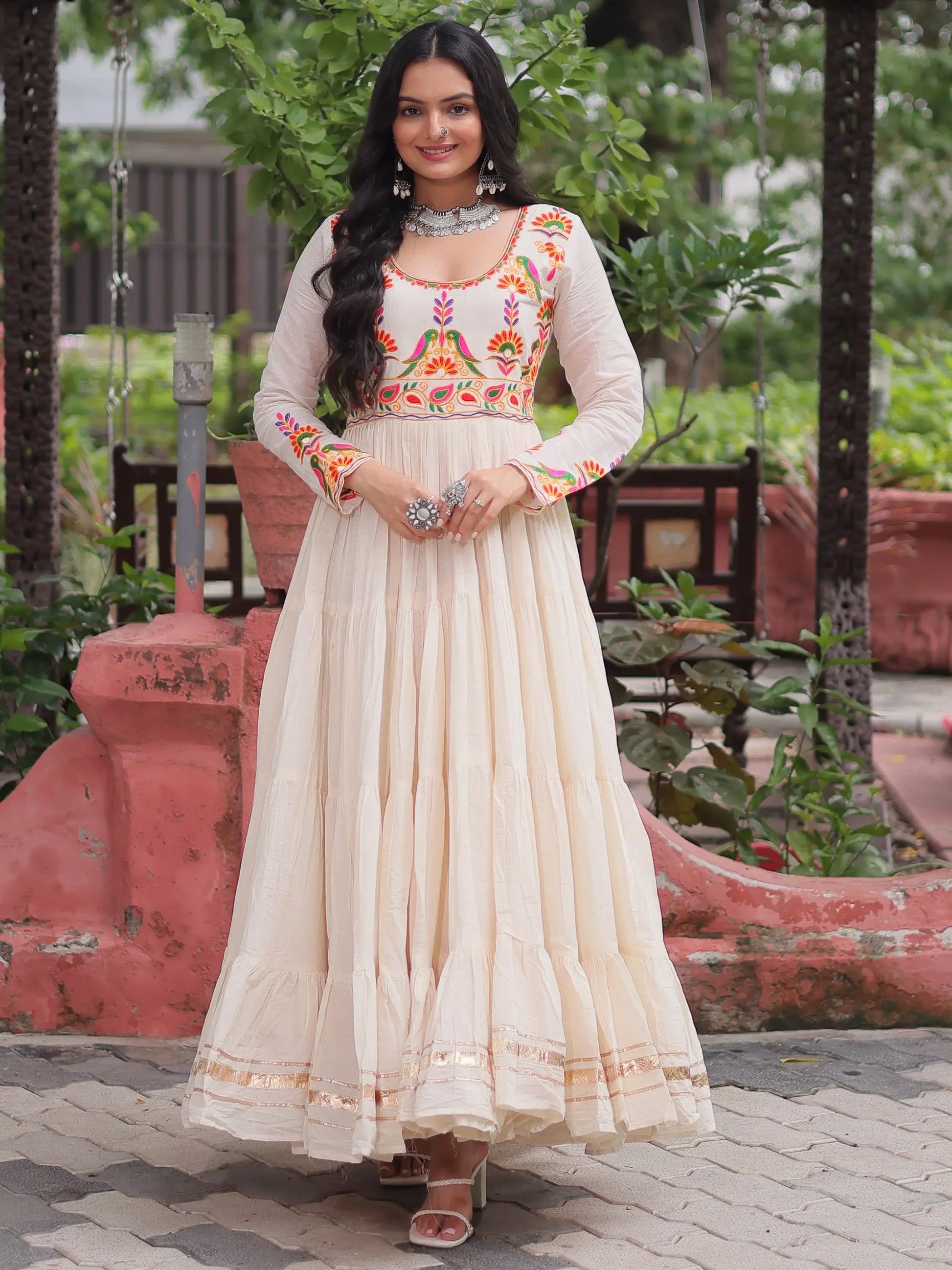 Luxurious Off-White Multi Thread Work Cotton Festive Wear Gown - Zeel Clothing