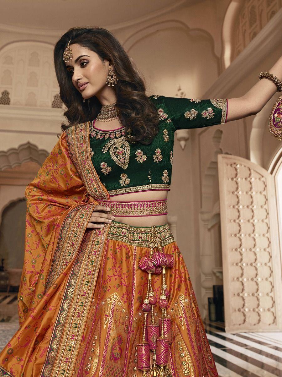 Luxurious Orange Embroidered Banarasi Silk Designer Lehenga Choli - Zeel Clothing